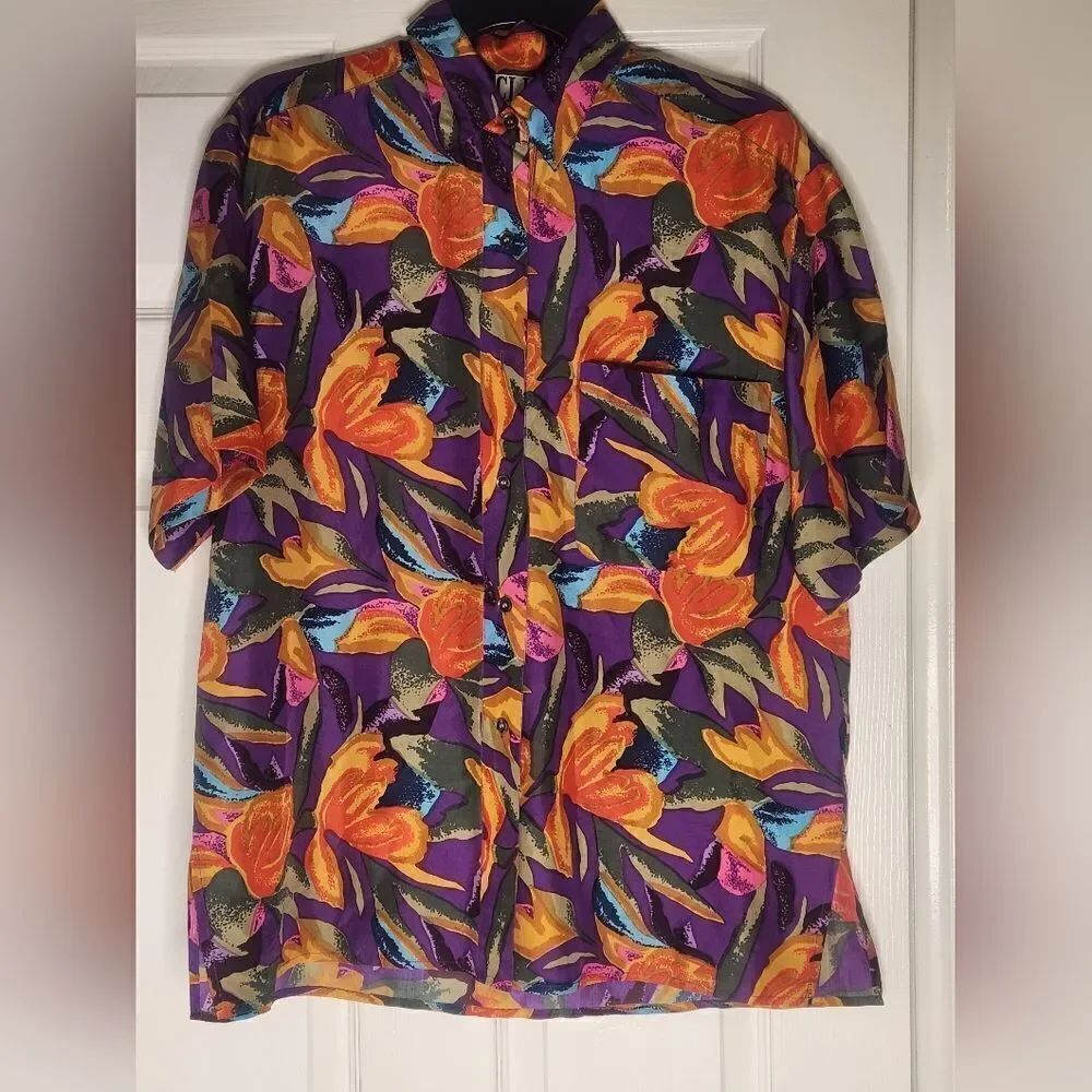 Vtg Clio Xl Hawaii Abstract Floral Print Shrtslv Pocket Buttons Up Women Shirt